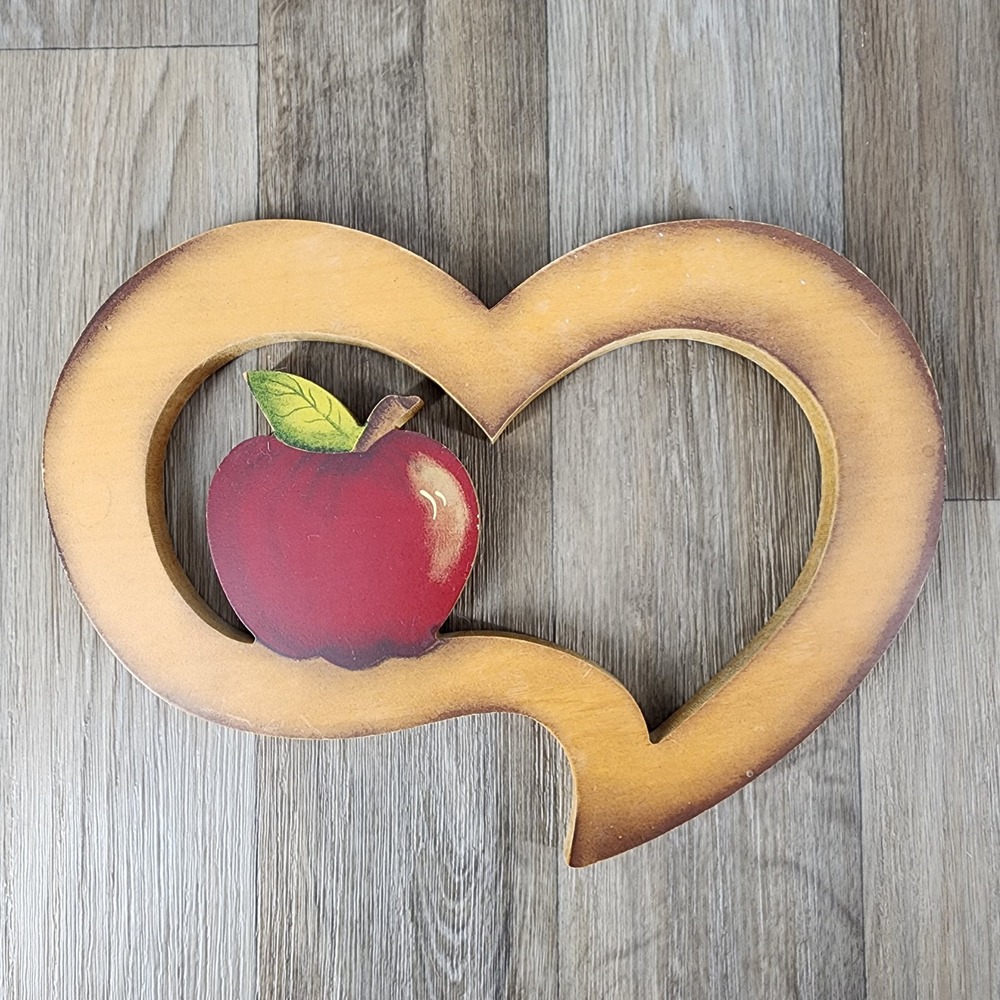 Vintage Wooden Heart Apple Wall Hanging Country Farmhouse Kitchen Decor 11x9